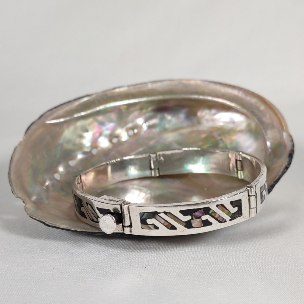 Vintage Taxco Sterling Silver Abalone Inlayed 5 Panel 7" Bracelet - Picture 4 of 8